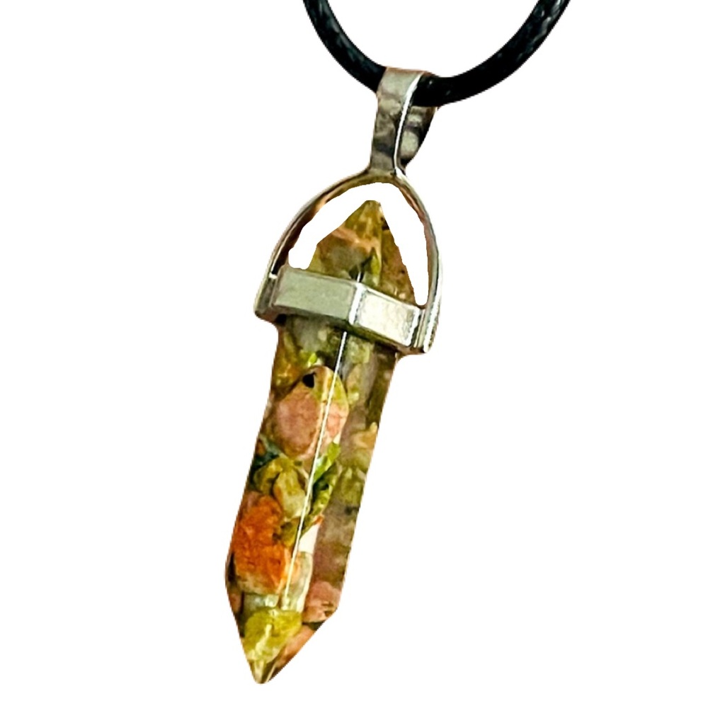 New Vegan Leather Sterling Silver Unakite Jasper Natural Stone Artisan Necklace